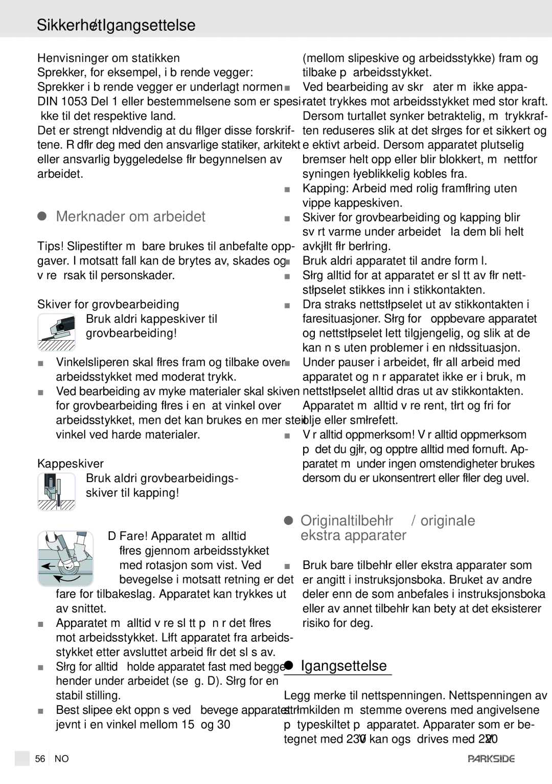 Kompernass PWS 230 manual Sikkerhet / Igangsettelse , Merknader om arbeidet, Originaltilbehør / originale ekstra apparater 